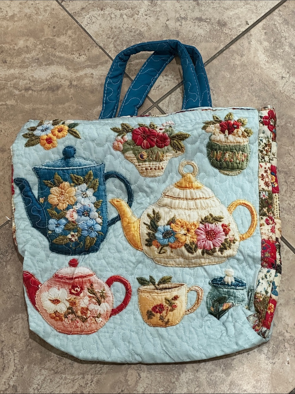 Quilted Teapot Patchwork Tote Bag - Light Blue